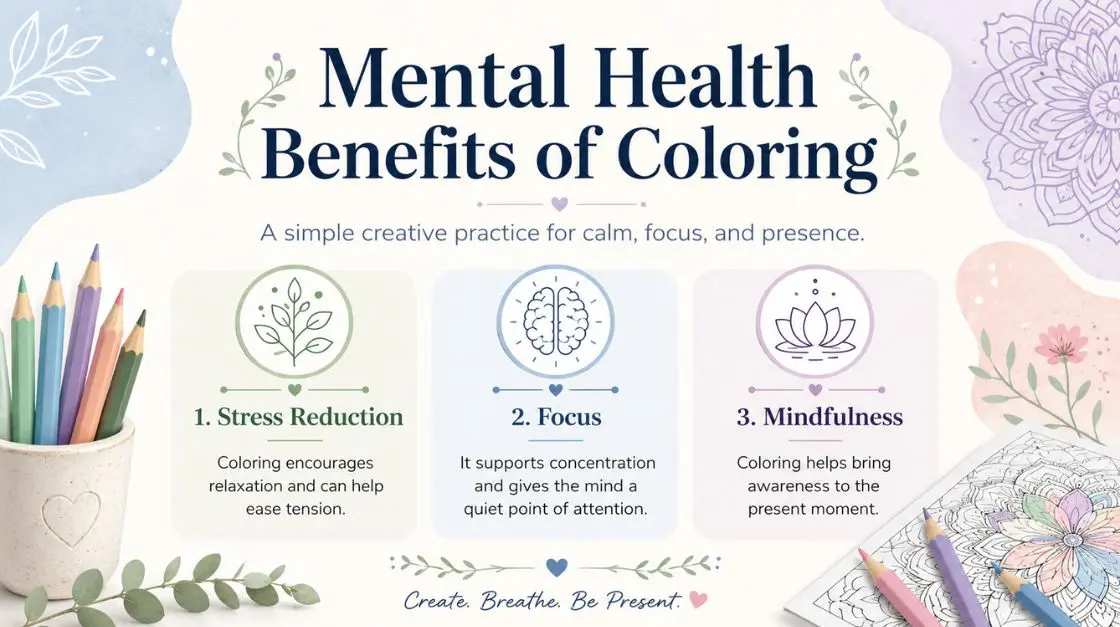 Infographic showing science-backed benefits of coloring for stress relief and mindfulness