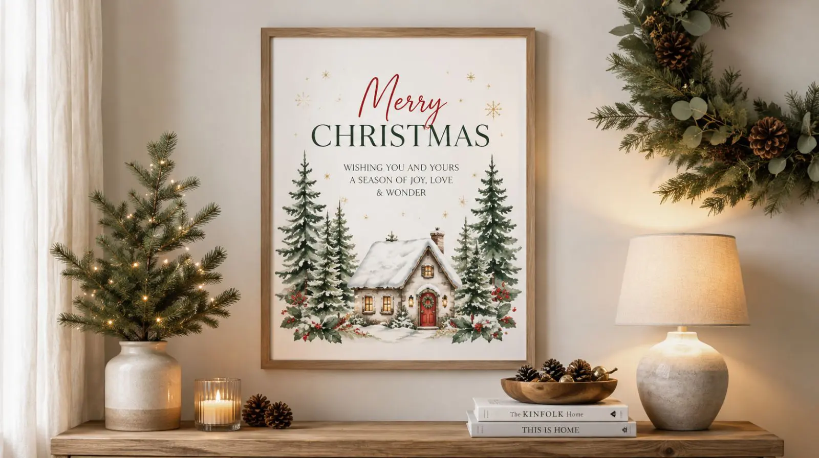 A framed Christmas print featuring a snowy cottage surrounded by pine trees and the text "Merry Christmas, Wishing You And Yours A Season Of Joy, Love & Wonder." The print is displayed on a wooden table next to a small, lit Christmas tree and a lamp, with a festive wreath hanging above.