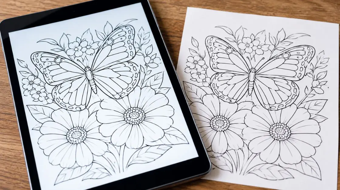 Close-up of a coloring PDF open on a tablet