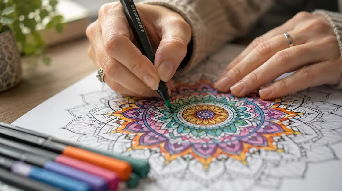 Close-up of adult hands coloring a mandala — mindfulness coloring pages for stress relief