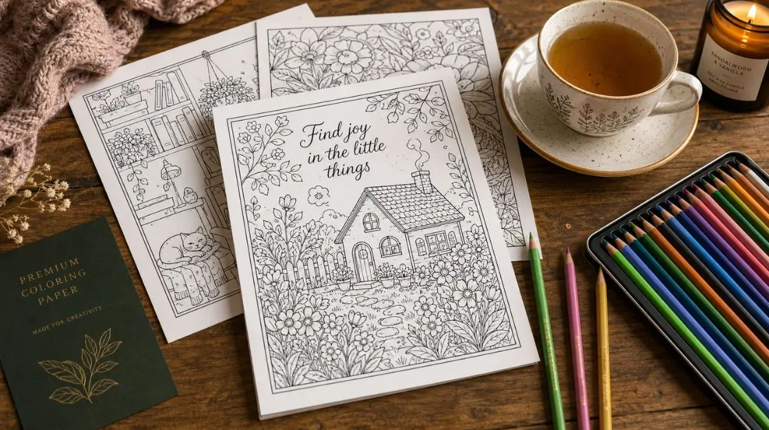 Printable coloring pages on quality paper — relaxing creative setup at home