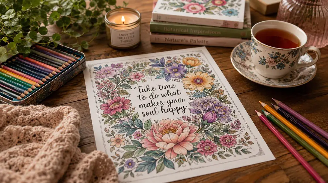 Cozy at-home setup with tea and colored pencils next to a completed home printable coloring page — peaceful creative ritual