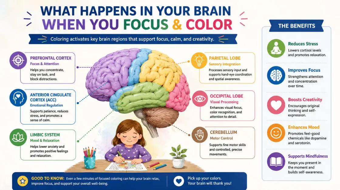 Educational infographic about the cognitive benefits of coloring pages as classroom materials for K-2 students