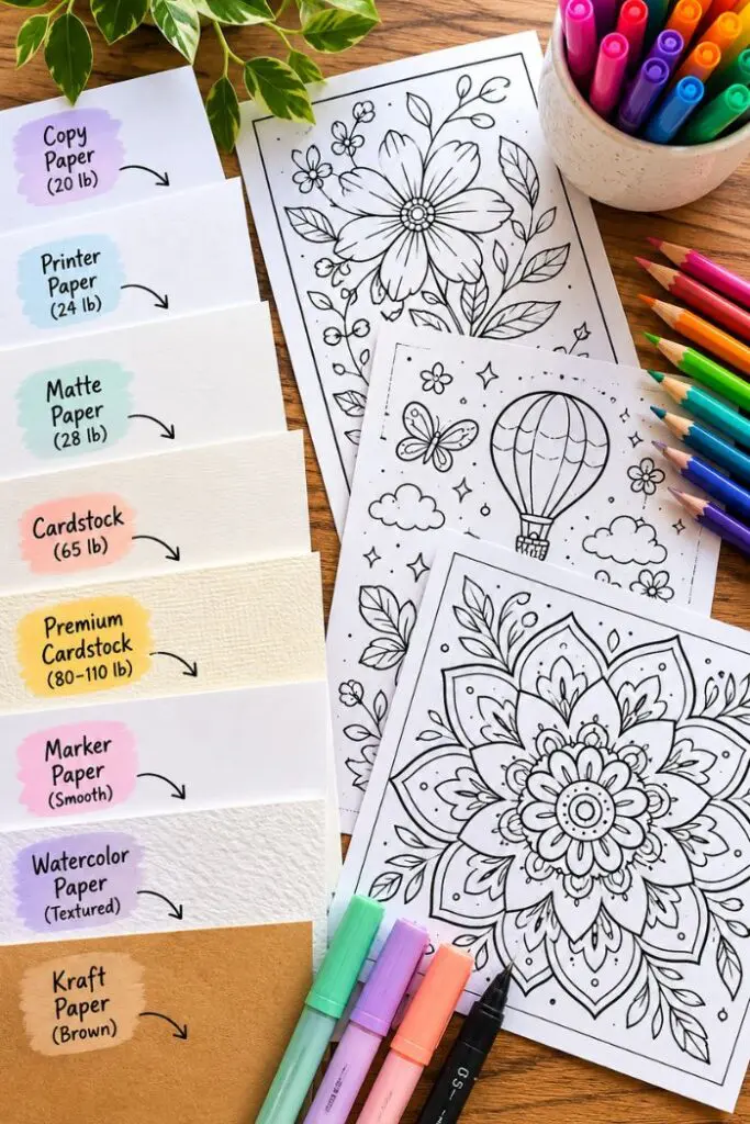 Flat lay of different paper types next to printed coloring pages, markers, and colored pencils on a wooden desk