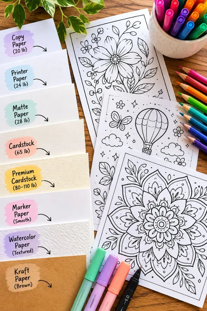 Flat lay of different paper types next to printed coloring pages, markers, and colored pencils on a wooden desk