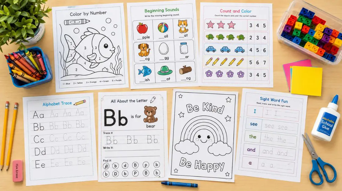 printable resources for kindergarten teachers including educational games for kids, morning work, and alphabet tracing sheets