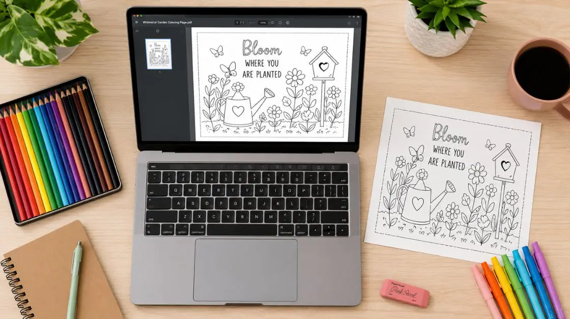 Step-by-step setup for home printable coloring pages — laptop, PDF download, printer, and colored pencils