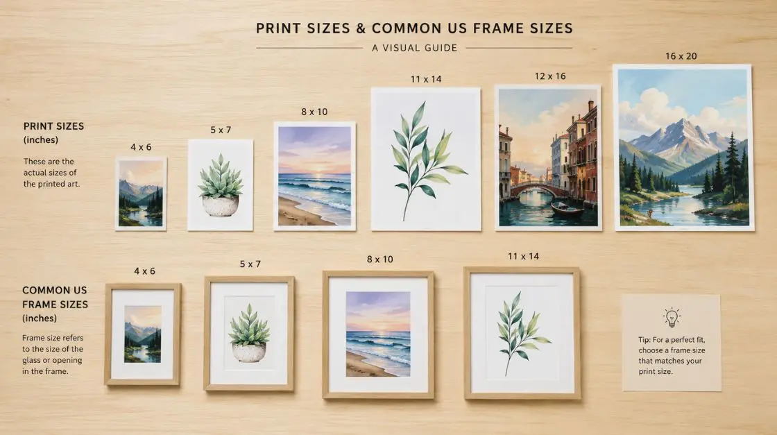 Standard art print sizes compared side by side — 4x6, 5x7, 8x10, 11x14 printable wall art sizes