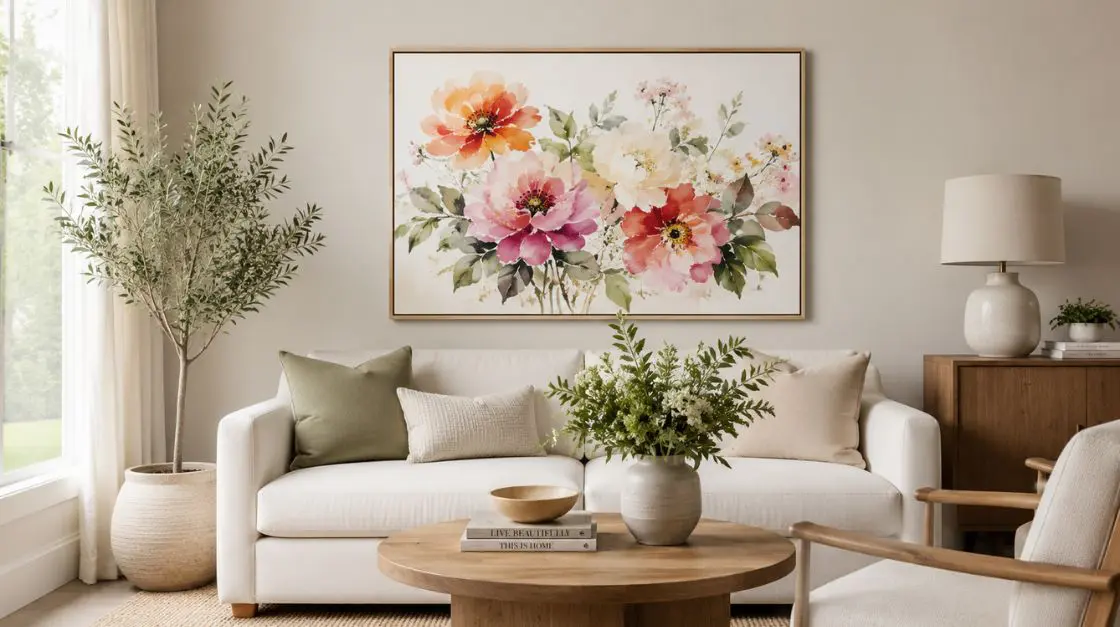 A framed artwork featuring pumpkins, gourds, and autumn leaves in warm fall colors. The artwork is displayed above a kitchen counter with a vase of fall foliage to the left and wooden cutting boards and a bowl of apples to the right.