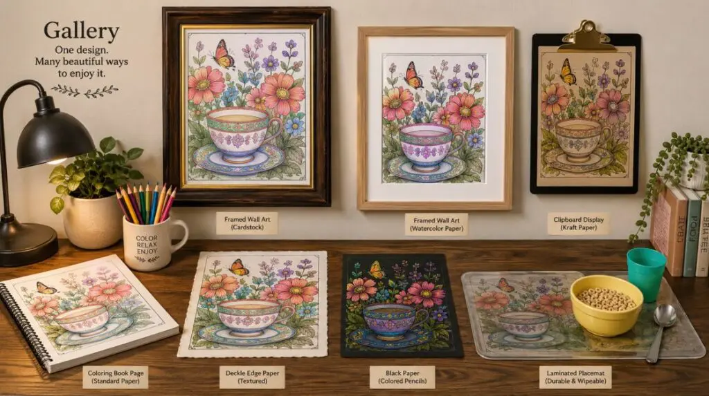 Finished coloring pages printed on cardstock and mixed media paper styled as home decor