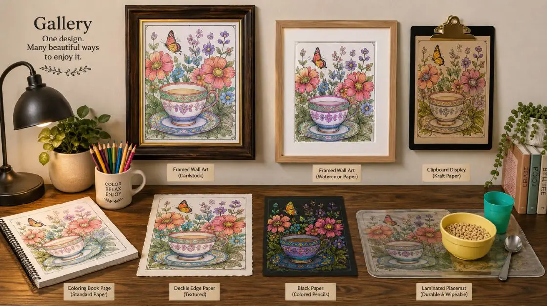 Finished coloring pages printed on cardstock and mixed media paper styled as home decor