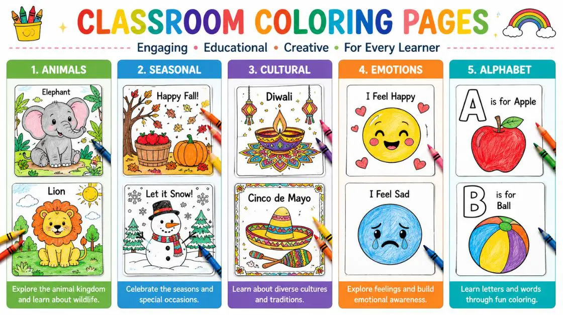 Grid of printable coloring page categories for classroom use including animals, seasons, emotions, and alphabet themes