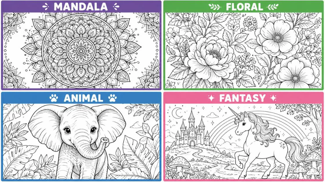 Collage of downloadable coloring pages styles — mandalas, florals, animals, and fantasy designs for adults