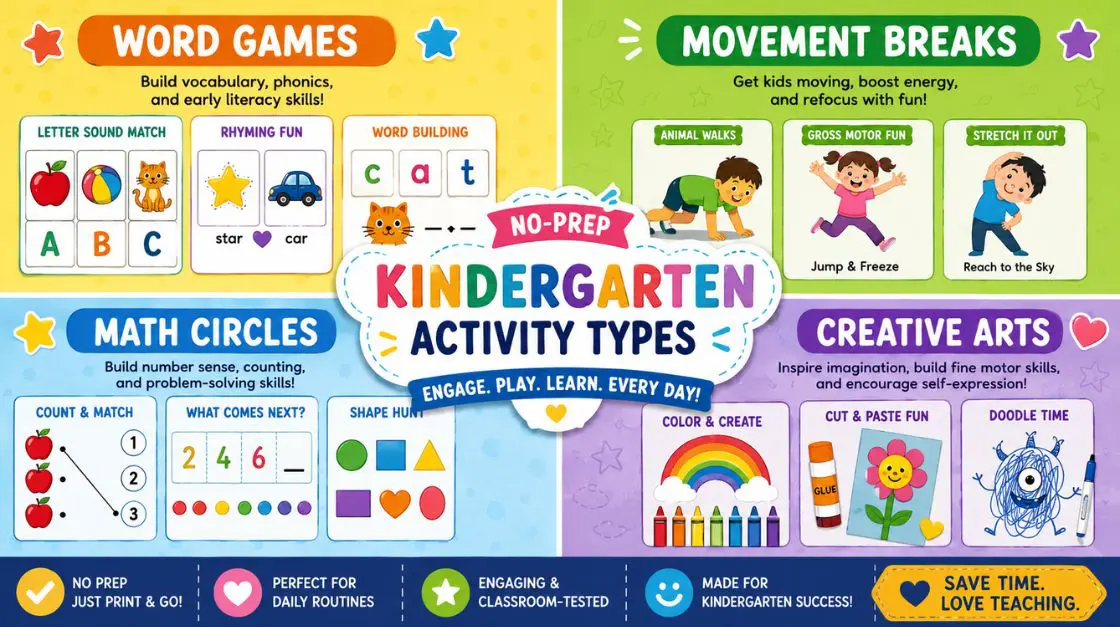 collage of kindergarten classroom activities including brain breaks, educational games for kids, and early childhood education activities