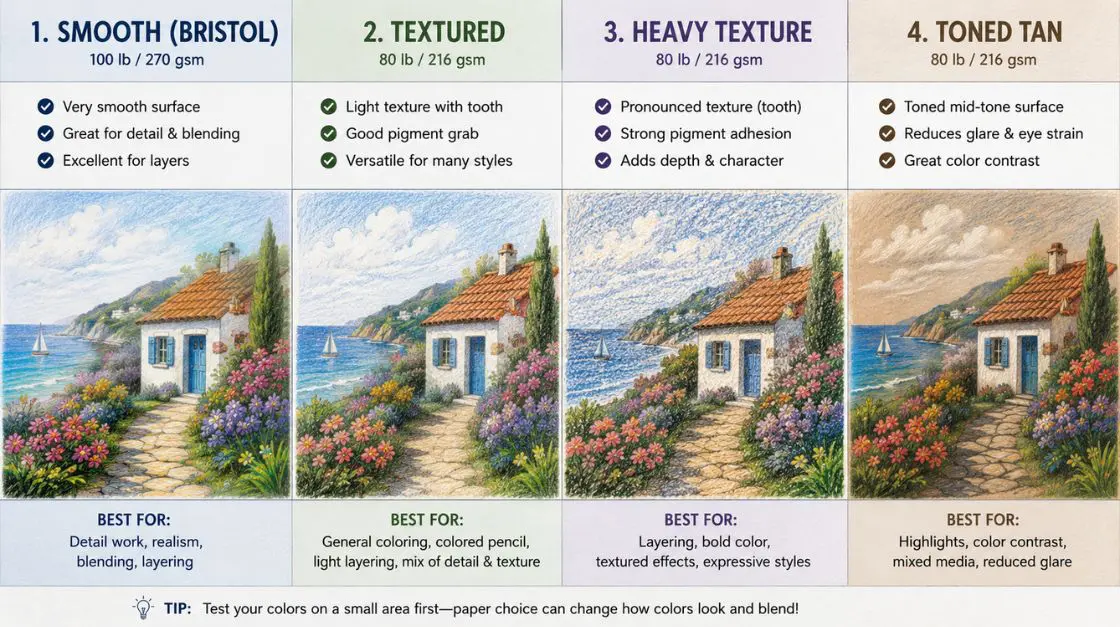 Paper types for printable coloring pages — results with markers, colored pencils, crayons, and watercolors
