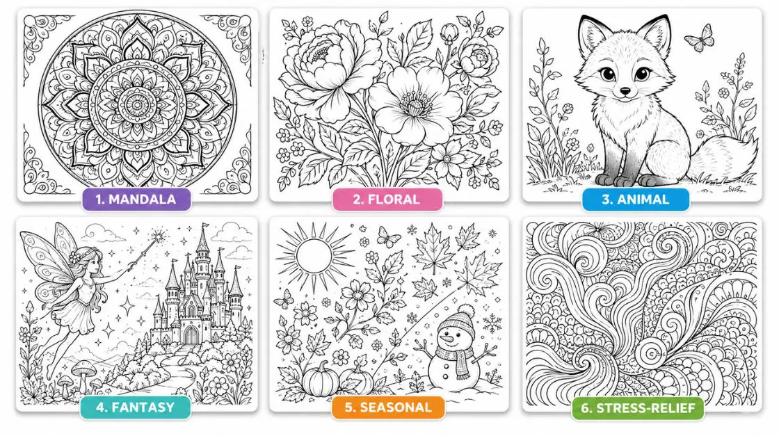 Types of printable coloring pages — mandala, floral, animal, fantasy, seasonal, and stress relief designs