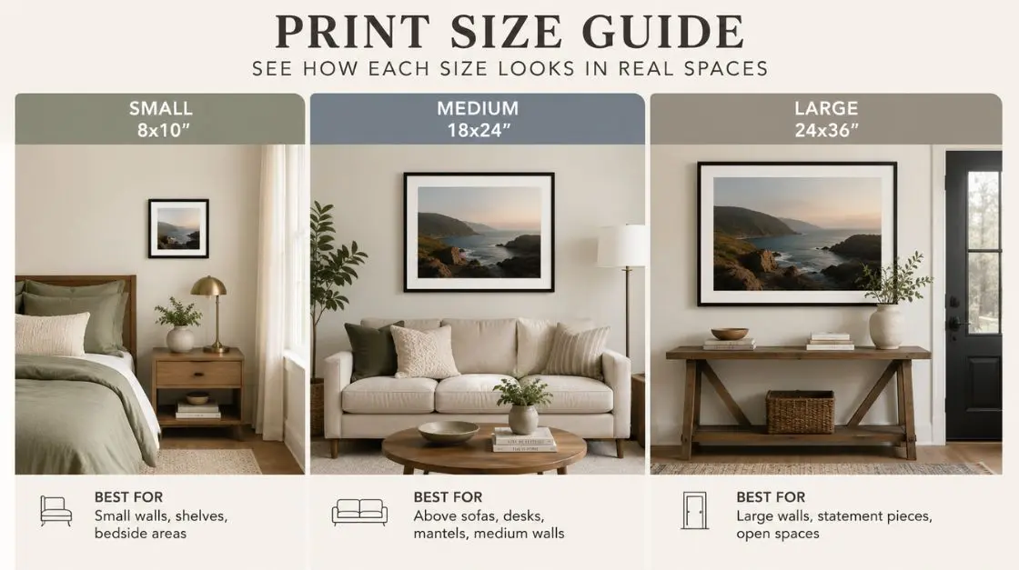 Printable wall art size categories — small, medium, and large standard art print sizes in different room settings