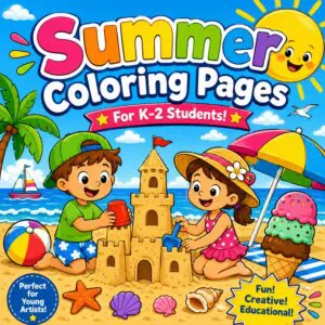 Cover for "Summer Coloring Pages for K-2 Students" featuring two children building a sandcastle on a beach with a beach ball, starfish, seashells, an ice cream cone, and a sailboat in the ocean.