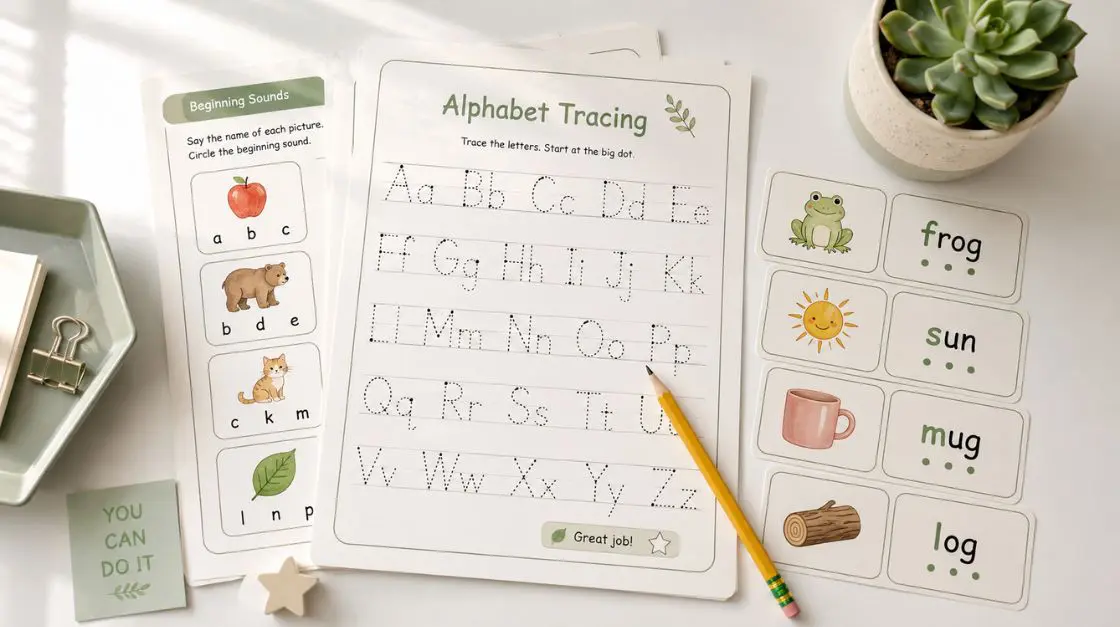 Kindergarten alphabet tracing worksheets and phonics word cards arranged on a white desk with a yellow pencil, representing printable teacher resources for K–2 literacy and early learning