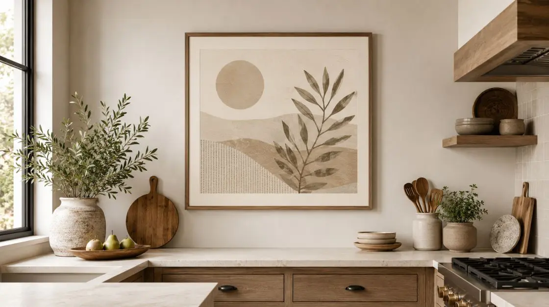 A framed abstract artwork with a sun and plant motif hangs on a wall above a kitchen counter with wooden cabinets and various decorative items.