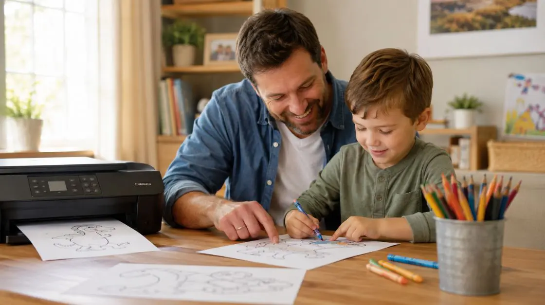 Parent and child printing coloring sheets at home for a family activity
