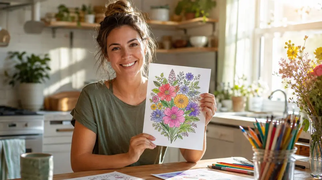 Person enjoying coloring a printed page at home — relaxing creative activity with printable coloring sheets