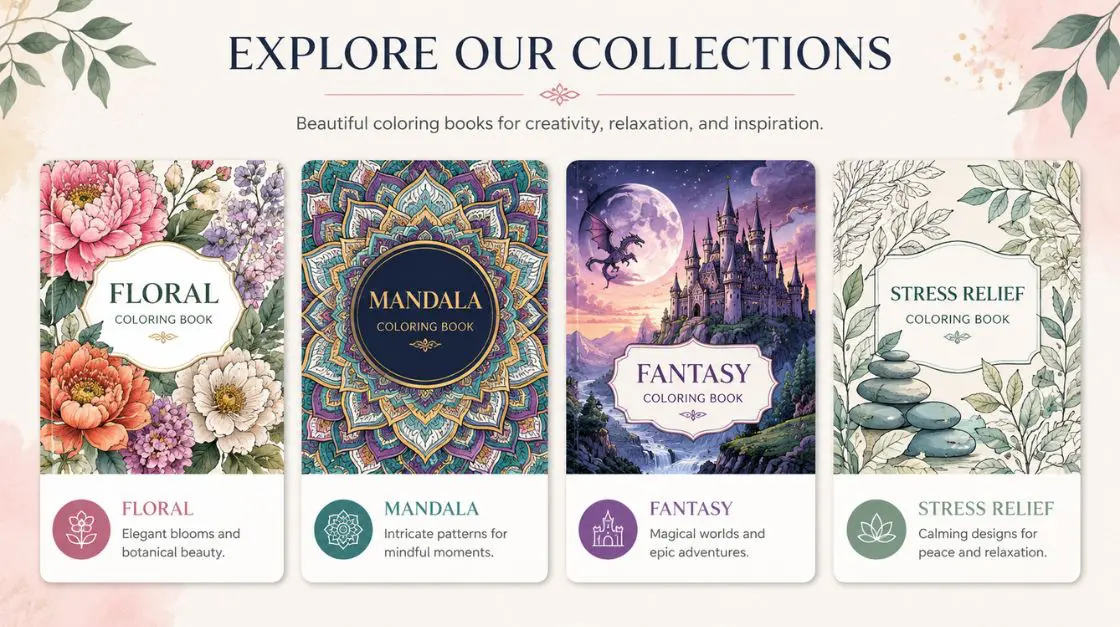 EG Creativity Art downloadable coloring pages collections — floral, mandala, fantasy, and stress relief for adults