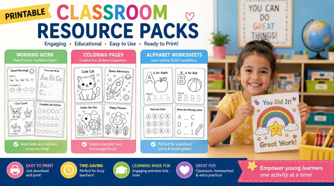 Printable classroom resources from EG Creativity Art including morning work printables, coloring pages, and K-2 activities