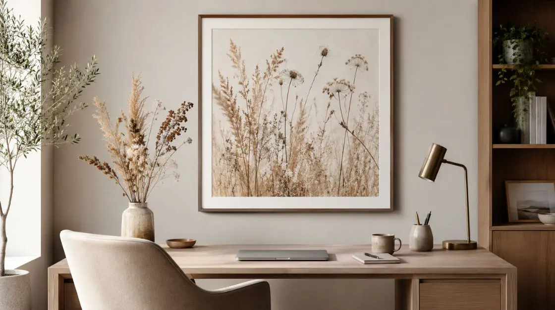 A framed artwork of dried grasses and flowers hangs above a wooden desk with a laptop, mug, and lamp. A vase of dried flowers sits to the left of the desk.