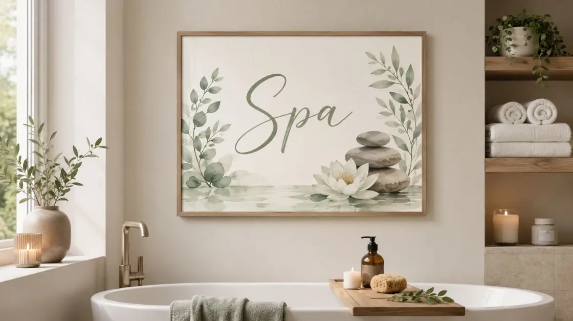 A framed artwork depicting the word "Spa" surrounded by green leaves, a stacked pile of stones, and a water lily on rippling water.