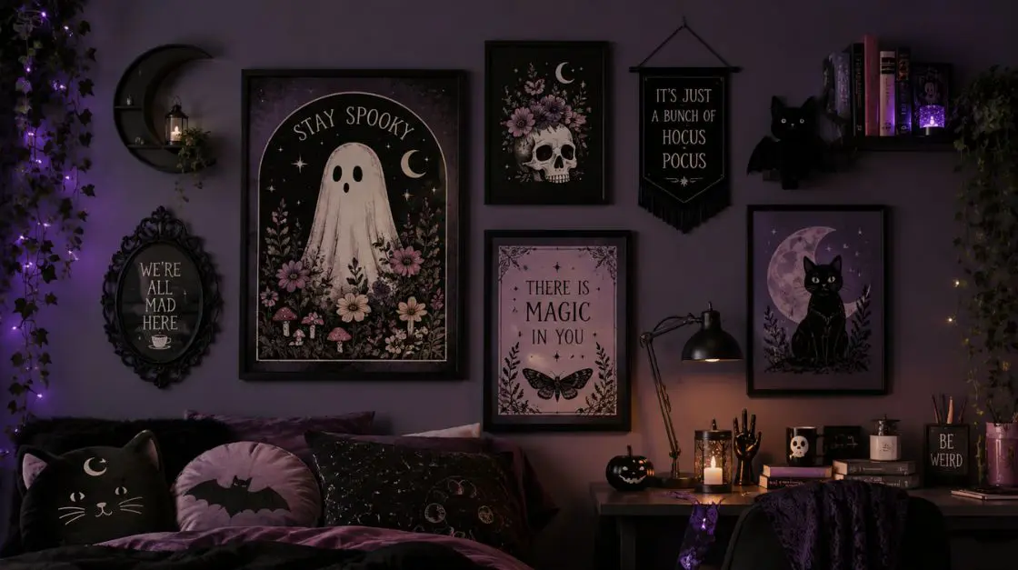 A Halloween-themed bedroom with purple walls decorated with spooky artwork including a ghost, skull, black cat, and various quotes. There are also themed pillows and fairy lights.