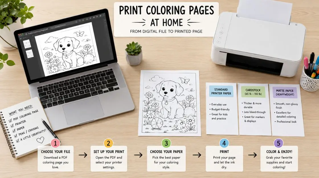 Step-by-step how to print PDF coloring pages at home — printer, paper, and settings guide