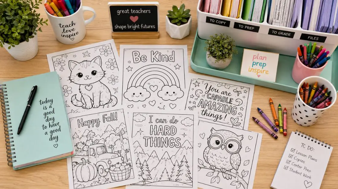 Organized classroom materials including printable coloring pages, crayons, and teacher resource trays