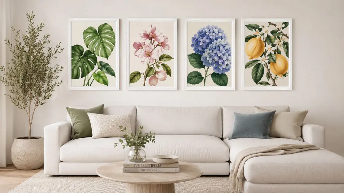Styled home gallery wall made from printed and colored botanical coloring pages — printable home décor inspiration