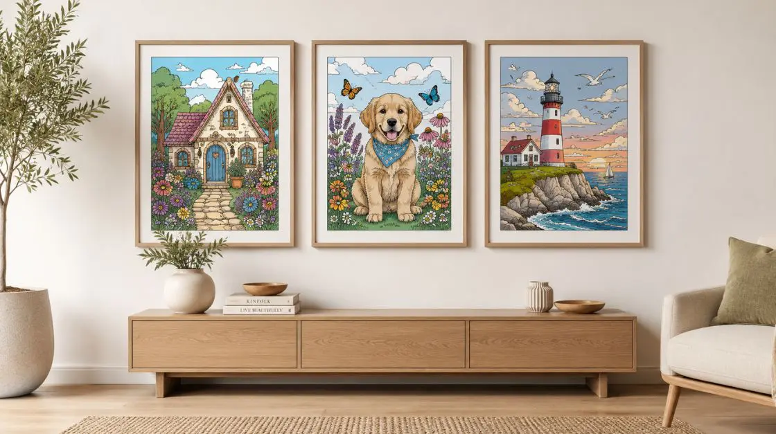 Completed digital coloring pages displayed as framed wall art — home decor inspiration from printable designs