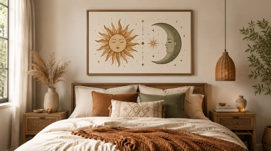 A framed artwork featuring a sun and moon with celestial elements hangs above a bed with pillows and a textured throw.