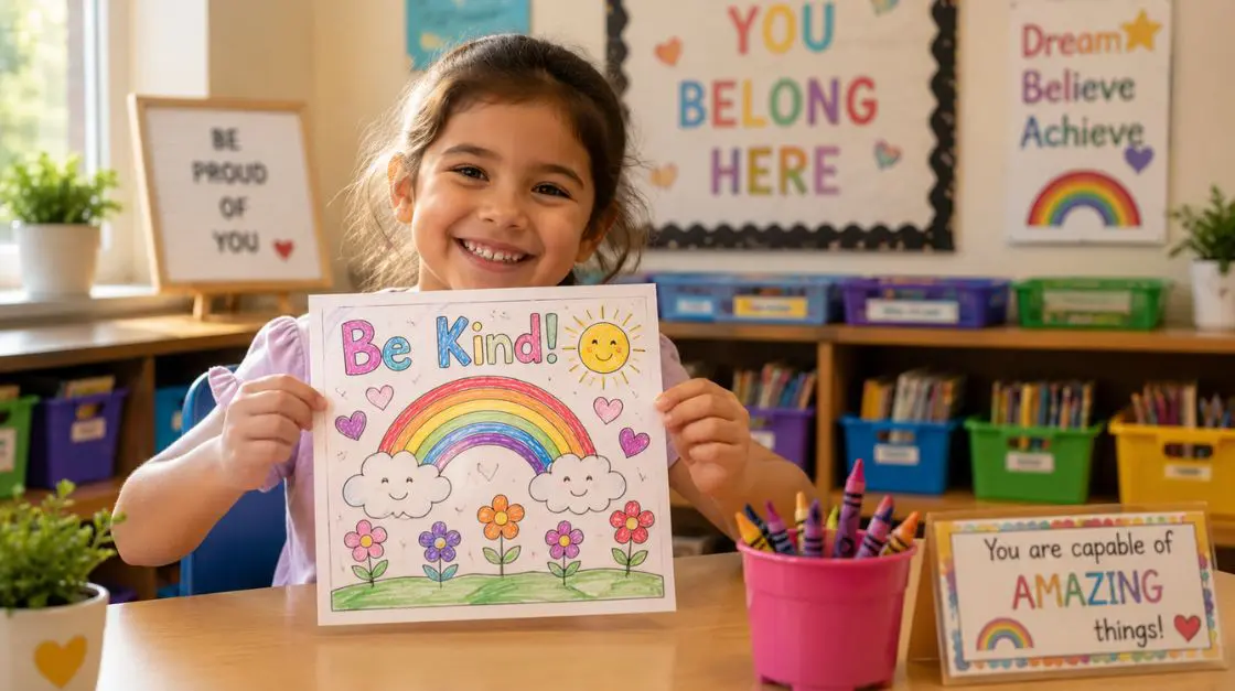 Happy K-2 student completing a printable coloring page as part of classroom activities — printable classroom resources from EG Creativity Art