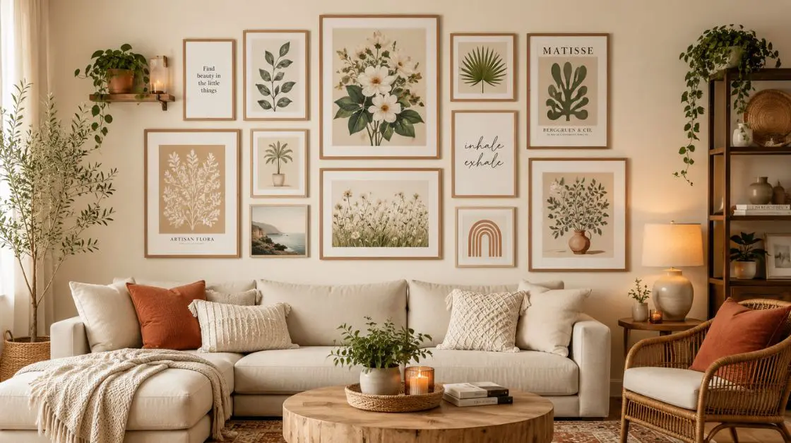 Final inspirational image showing a complete gallery wall using printable wall art sizes from 5x7 to 16x20 in a styled boho living room