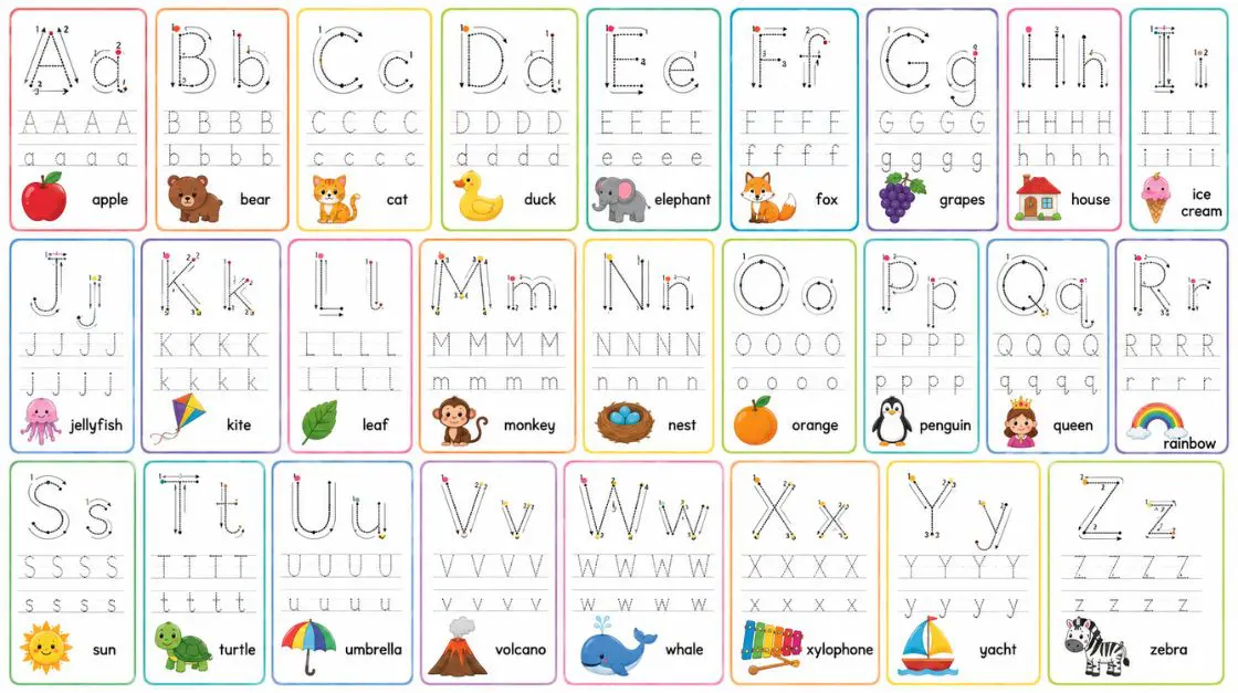 A chart displaying the English alphabet from A to Z with dotted letters for tracing practice and accompanying illustrations for each letter. Each letter card shows uppercase and lowercase letters, dotted letters for tracing, and a corresponding image like an apple for A, a bear for B, and so on.
