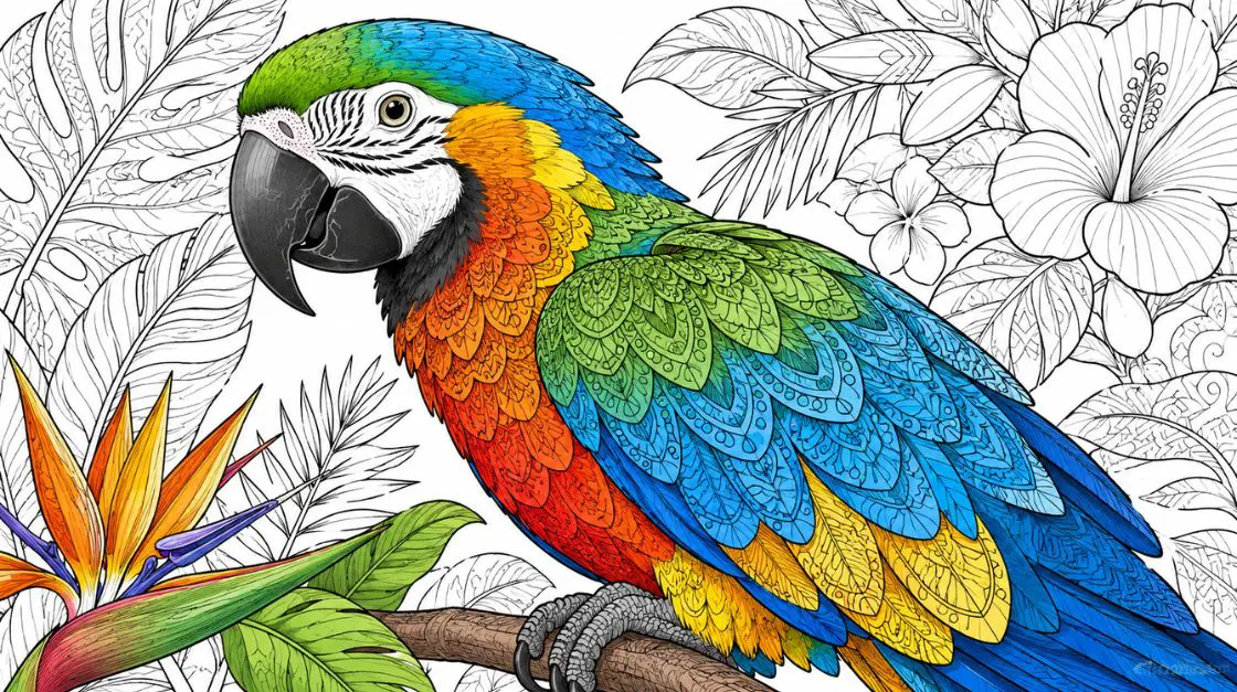 Animals coloring pages featuring a detailed tropical parrot with mandala-style feather patterning