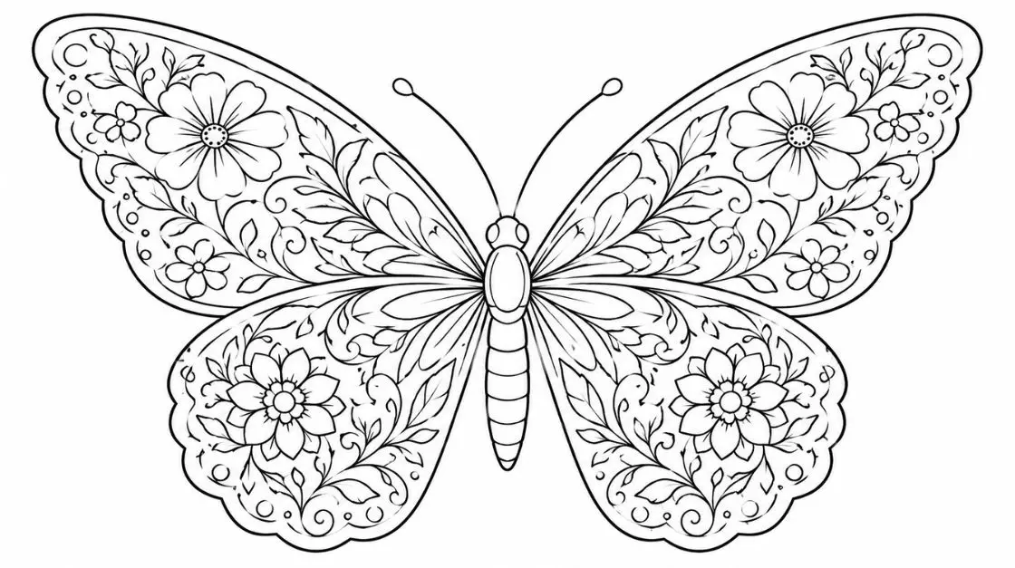 Animals coloring page of a butterfly with intricate floral wing patterns, ready to print