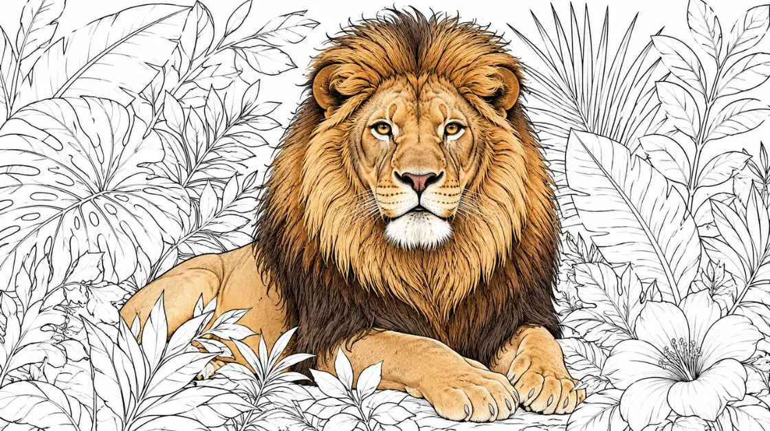 A detailed animals coloring page featuring a majestic lion surrounded by botanical leaves, printed and ready to color