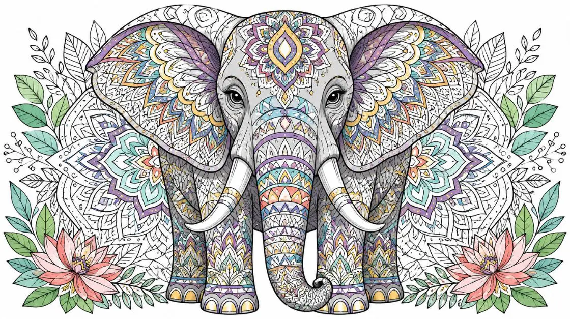 Mandala-style animals coloring page featuring a symmetrical elephant with detailed geometric patterning