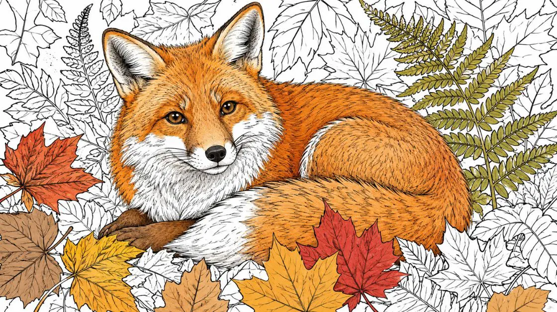 Animals coloring page of a detailed fox surrounded by autumn leaves and fern fronds