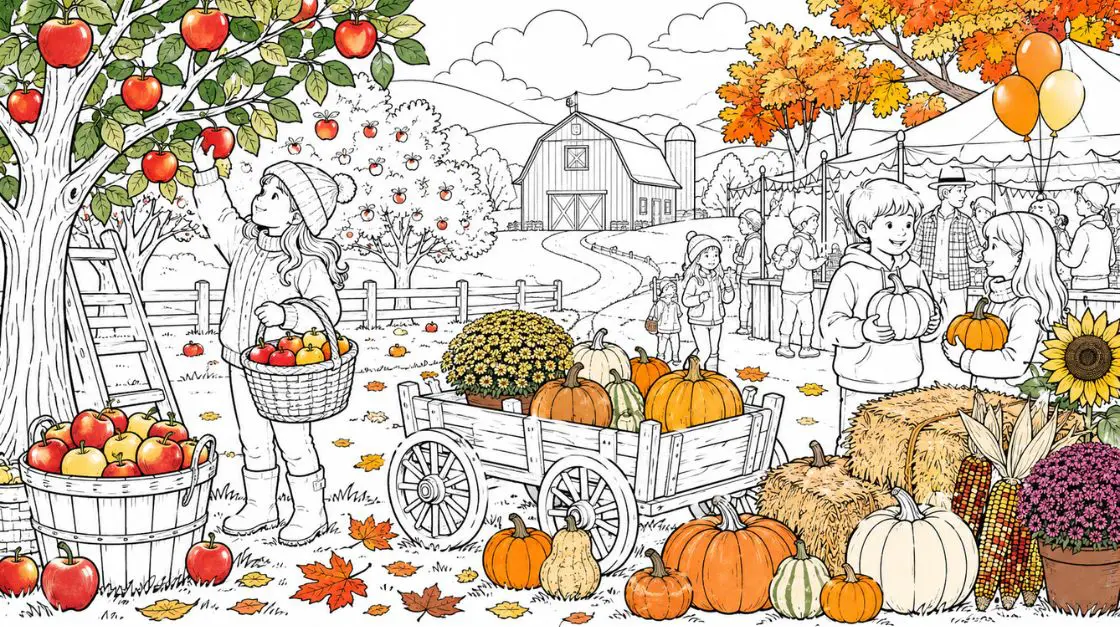 Autumn coloring pages showing seasonal scenes including apple orchards and harvest festivals