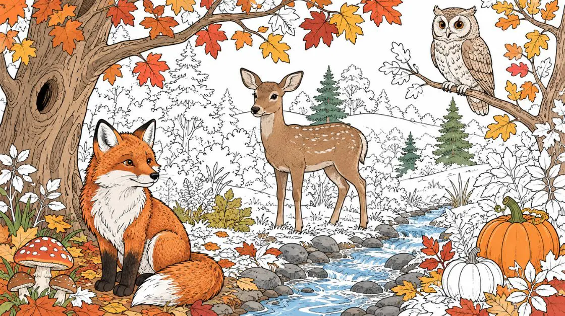 Autumn coloring pages featuring woodland animals including fox, deer, and owl in fall settings