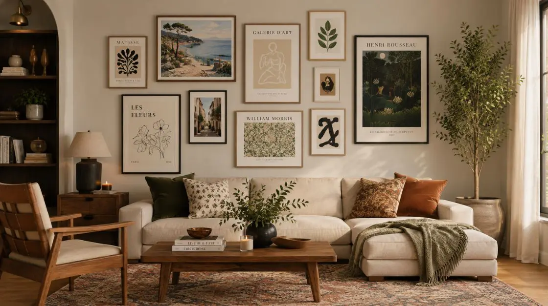 Printable wall art sizes displayed in a styled gallery wall arrangement in a modern living room