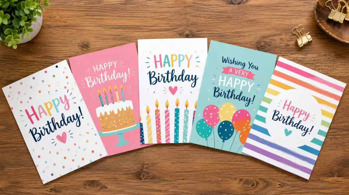 A collection of five colorful "Happy Birthday" cards laid out on a wooden surface. The cards feature various designs including confetti, a birthday cake, candles, and balloons.