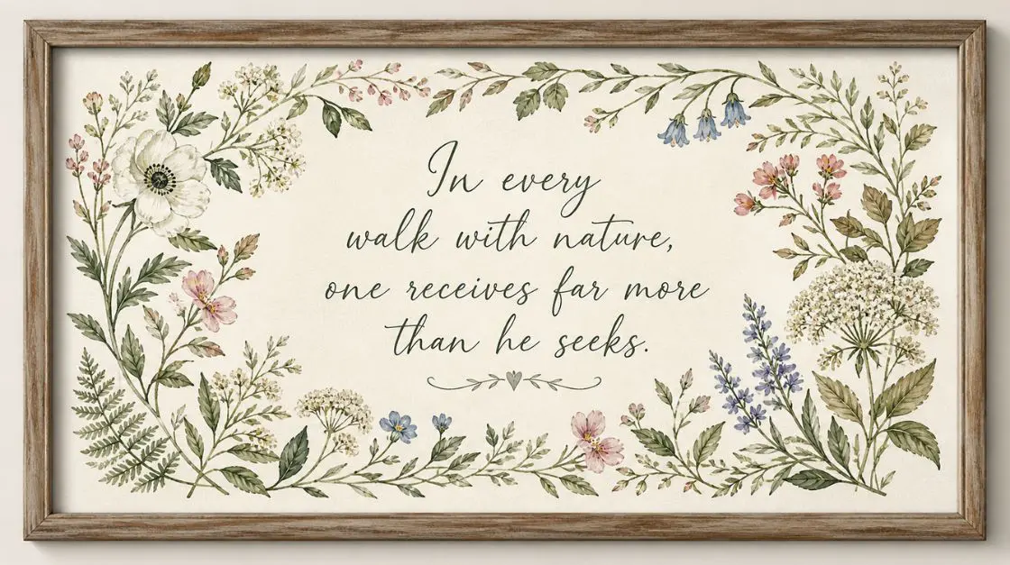 Botanical quote wall art combining hand-lettered nature quote with delicate floral border illustration
