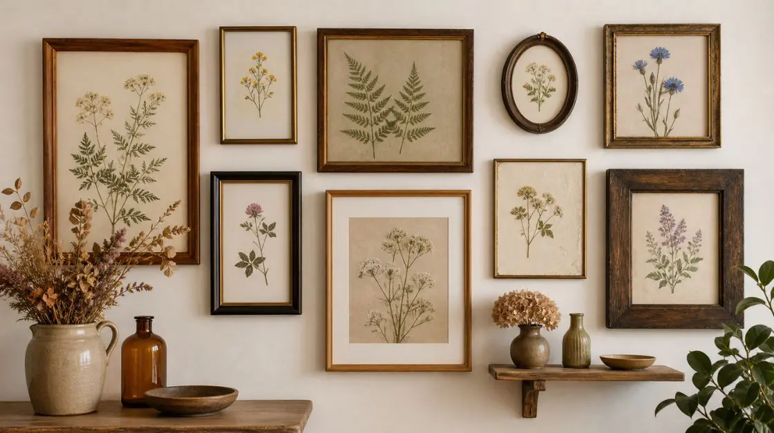 Gallery wall of botanical wall art prints arranged in mismatched frames with dried flowers and a small shelf